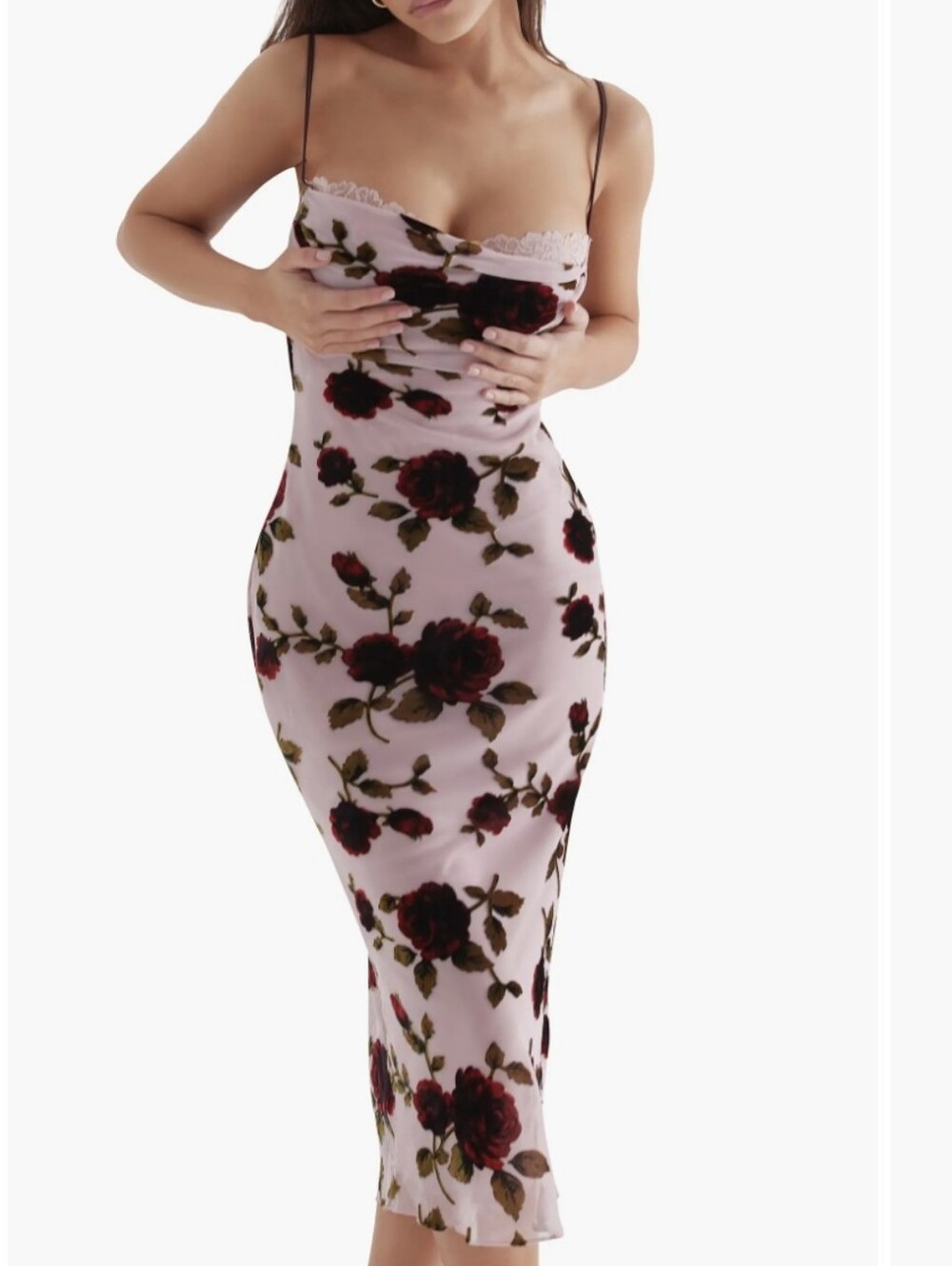House of CB Azura Floral Devore Strapless Midi Dress with Burgundy Rose Print Sp